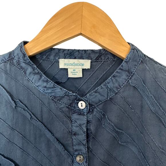 Sundance Popover Top Womens Medium Textured Blue 100% Cotton Comfort Shirt India - Picture 4 of 6